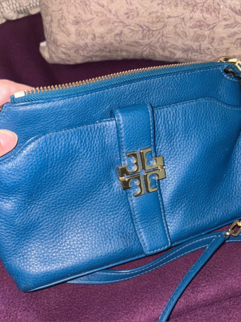 Tory Burch Teal/Blue Pebbled Leather Wristlet with Gold Logo